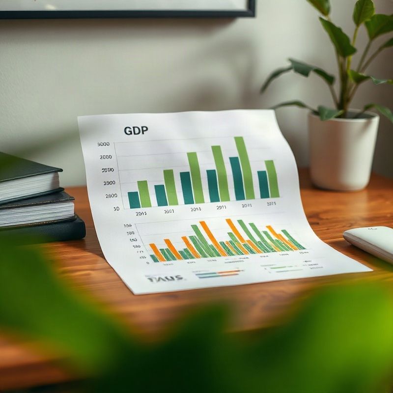 Close-up of a GDP bar chart printout on a teak desk