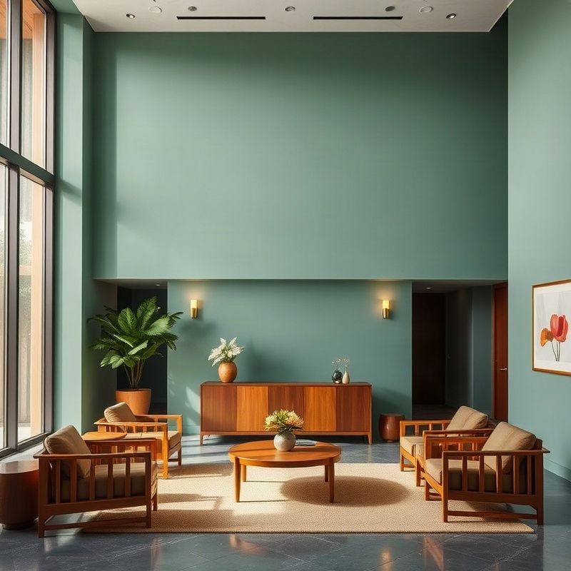 Minimalist office reception in Chiang Rai with warm teak furniture